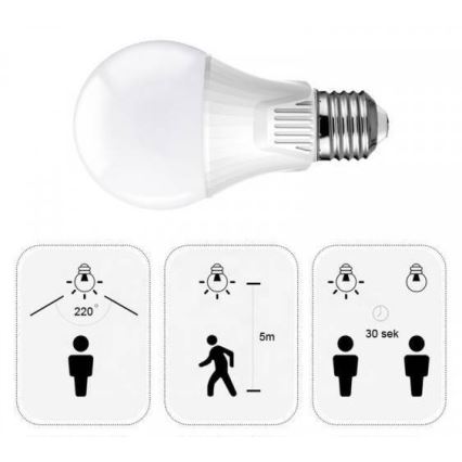 Mozgásérzékelős LED izzó E27/9W/230V 6500K