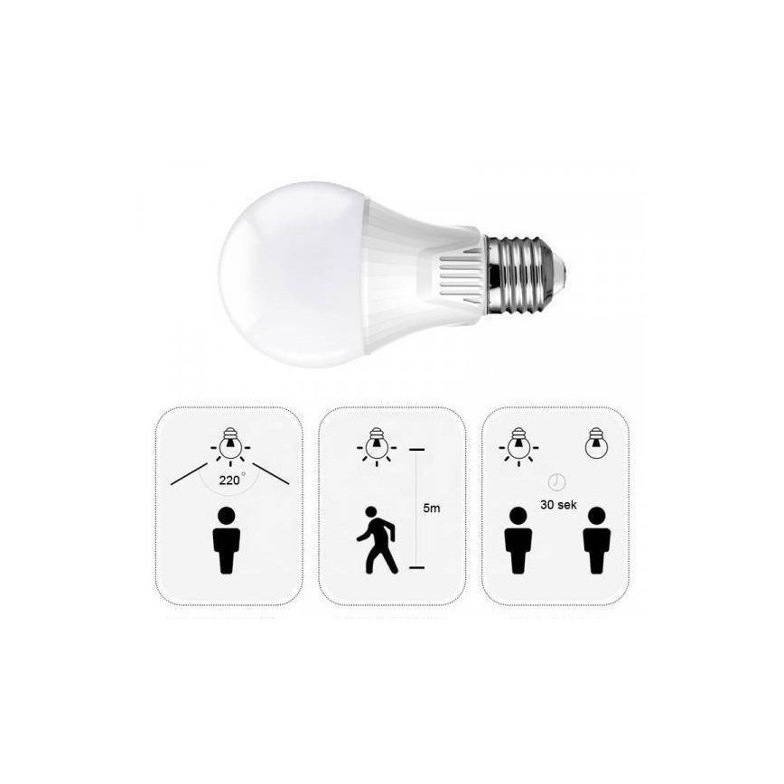 Mozgásérzékelős LED izzó E27/9W/230V 6500K