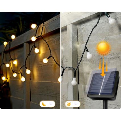 Napelemes LED dekorációs fényfüzér 50 LED/8 funkció 500 mAh 9,5 m IP67 meleg fehér