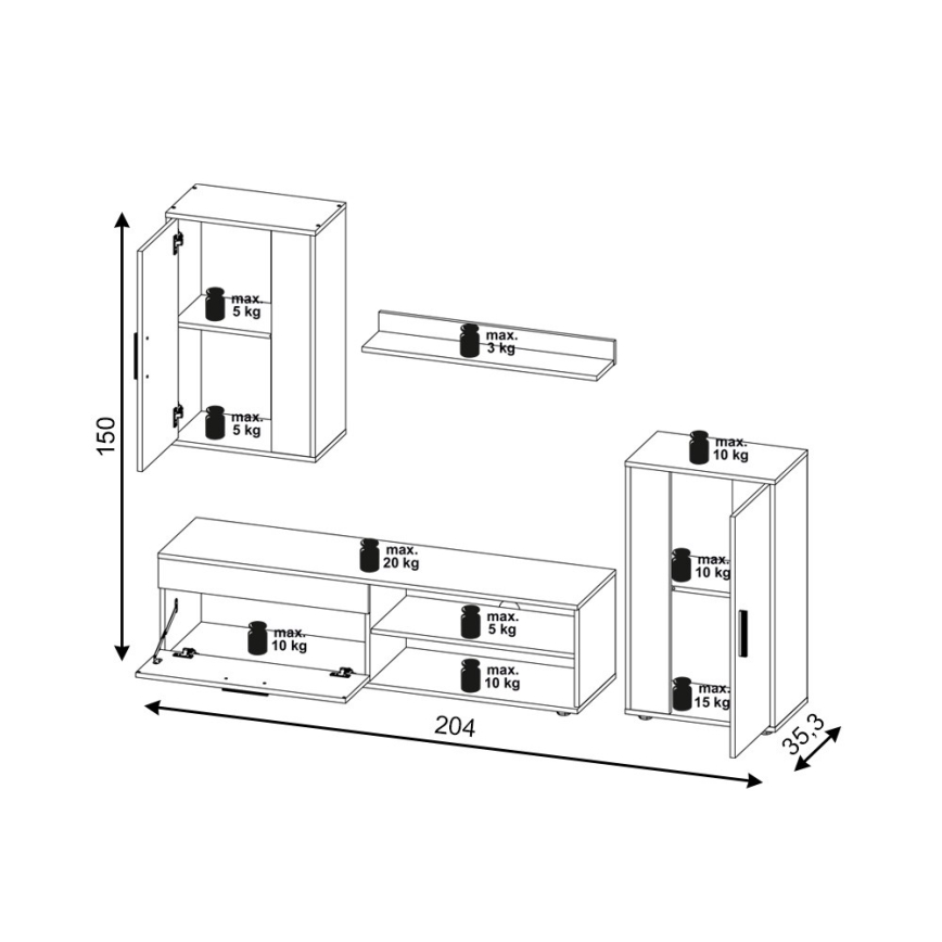 Nappali szekrénysor BRICK sonoma tölgy/fehér