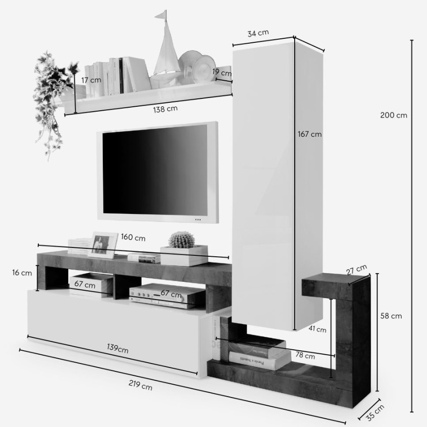 Nappali szekrénysor LENOR fehér/szürke beton