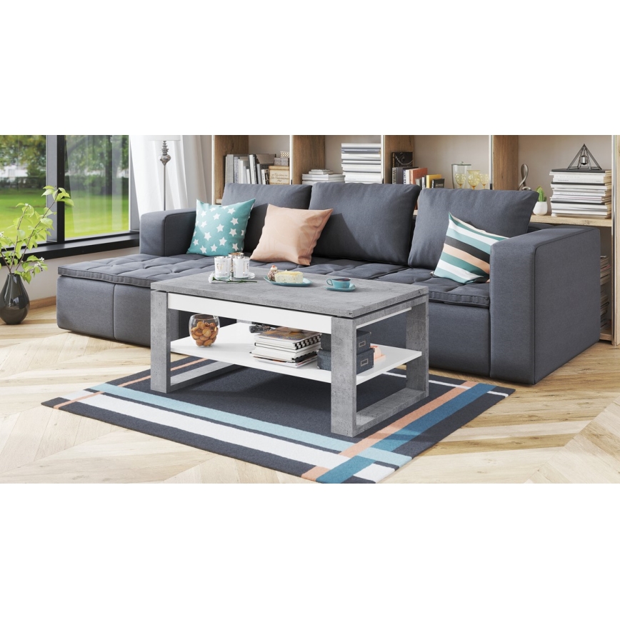 NEA dohányzóasztal emelhető asztallappal és polccal, beton szürke/fehér