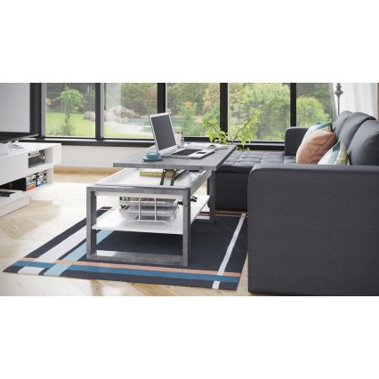 NEA dohányzóasztal emelhető asztallappal és polccal, beton szürke/fehér