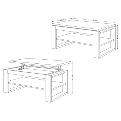 NEA dohányzóasztal emelhető asztallappal és polccal, beton szürke/fehér