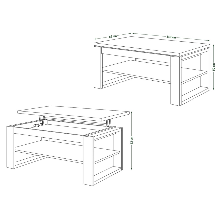 NEA dohányzóasztal emelhető asztallappal és polccal, beton szürke/fehér