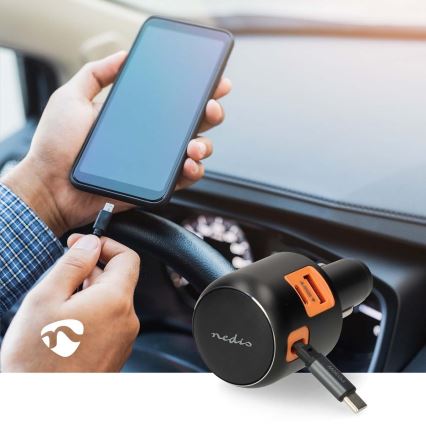 Autós töltő behúzható kábellel Power Delivery 30W 2xUSB-C + 1xUSB-A