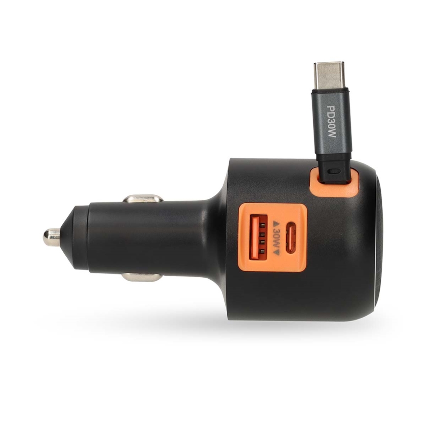 Autós töltő behúzható kábellel Power Delivery 30W 2xUSB-C + 1xUSB-A