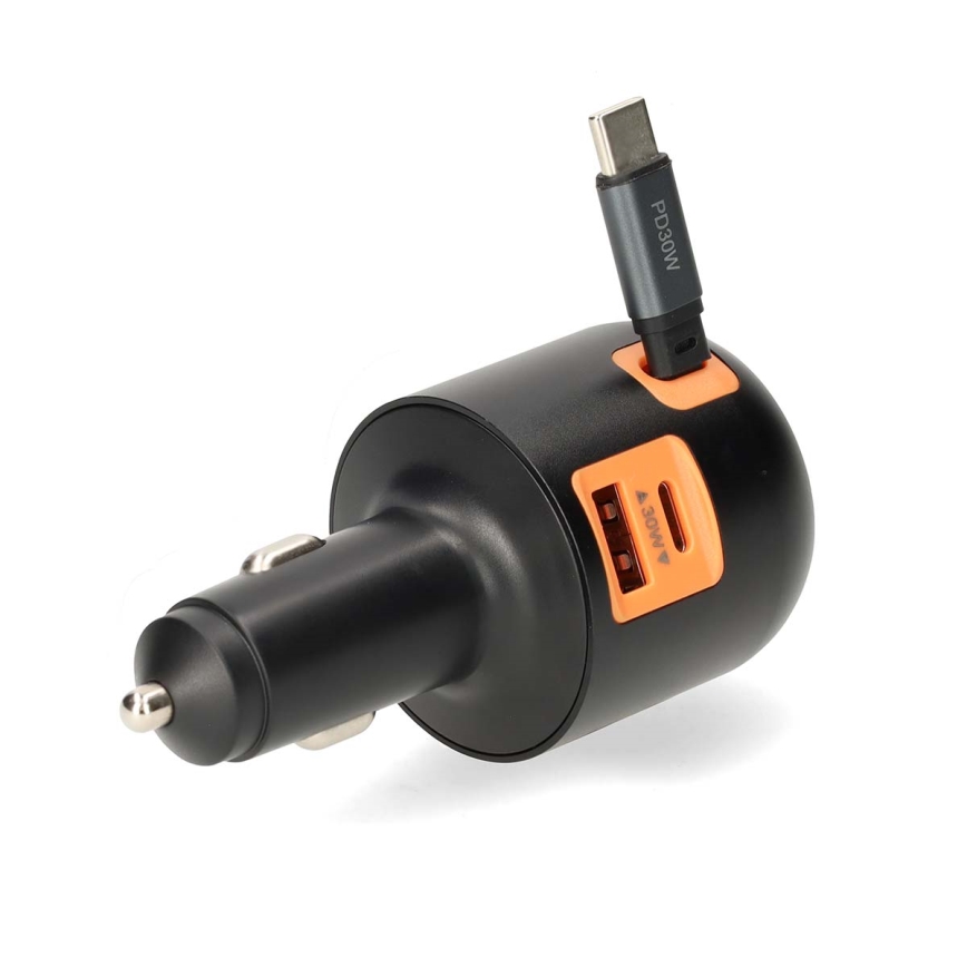 Autós töltő behúzható kábellel Power Delivery 30W 2xUSB-C + 1xUSB-A