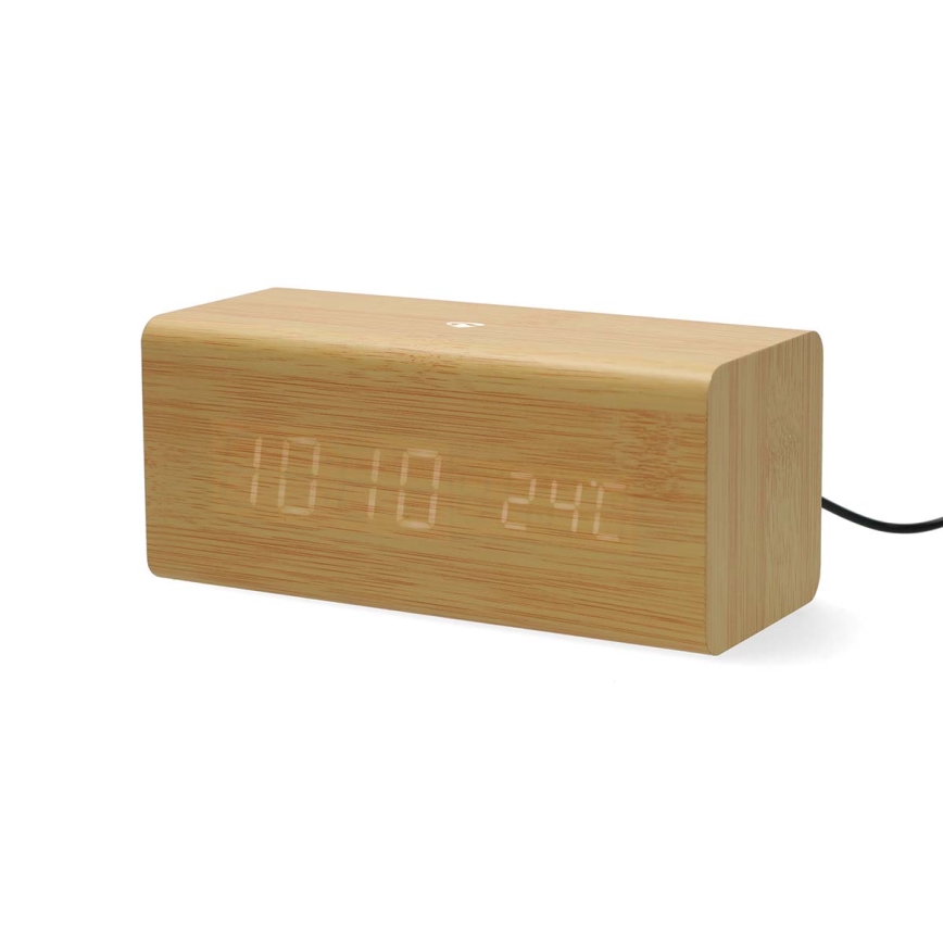 Digitális ébresztőóra LED-kijelzővel és hőmérővel, 5V/1xCR2032, fa kivitel