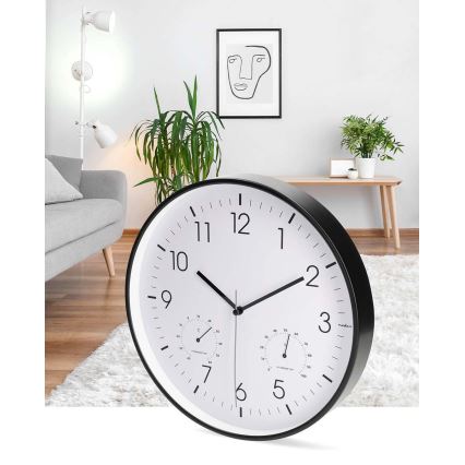 Fekete falióra hőmérővel és páratartalom-mérővel, Ø 30,5 cm, 1xAA