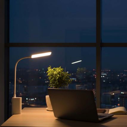 Fényerőszabályozható LED asztali lámpa, újratölthető, érintéses, hajlítható kialakítás, csíptetővel, 5W/1200 mAh, fehér
