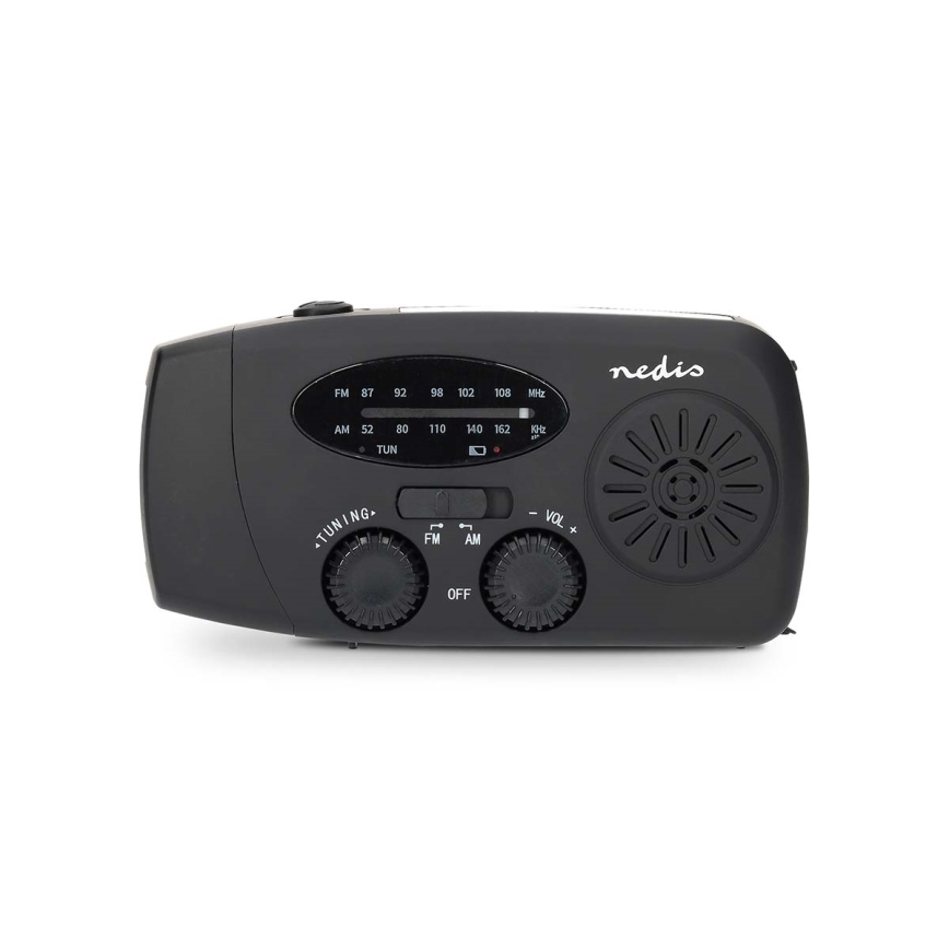 Kézi hajtású AM/FM rádió napelemmel és LED zseblámpával, 2000 mAh