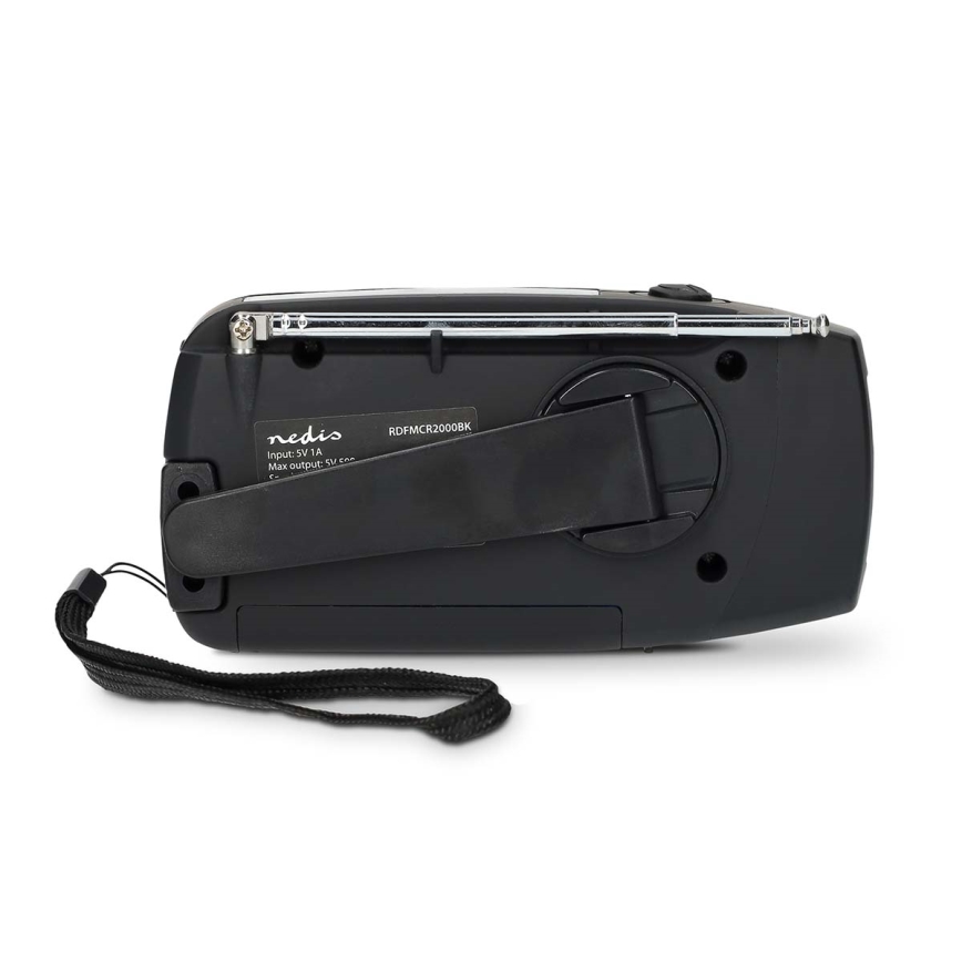 Kézi hajtású AM/FM rádió napelemmel és LED zseblámpával, 2000 mAh