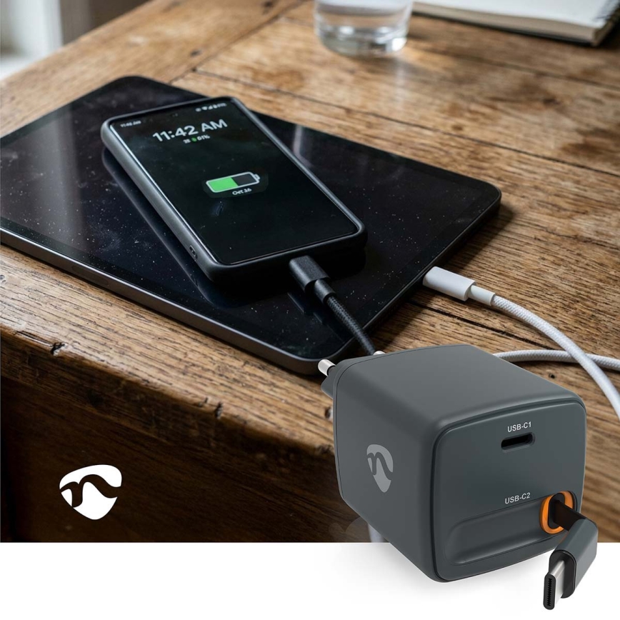 Behúzható kábeles Power Delivery 30W töltő, 2× USB-C, fekete