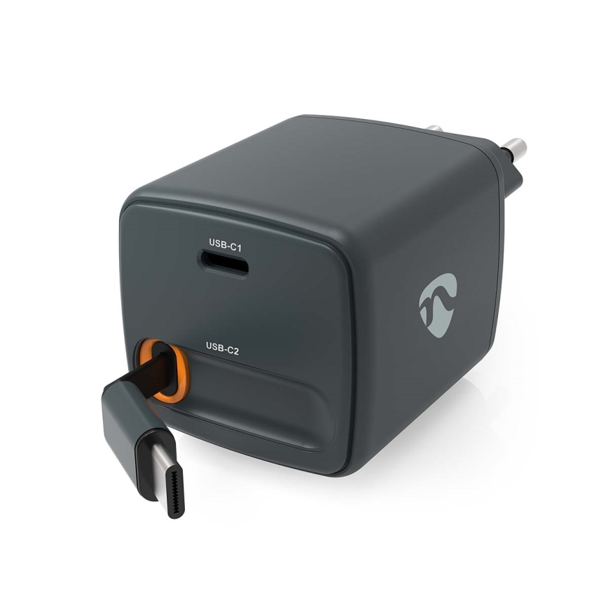 Behúzható kábeles Power Delivery 30W töltő, 2× USB-C, fekete