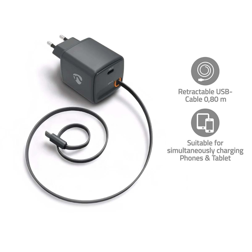 Behúzható kábeles Power Delivery 30W töltő, 2× USB-C, fekete