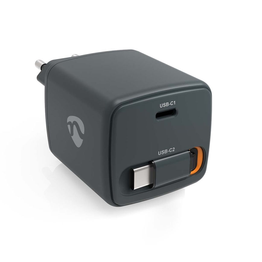 Power Delivery 65W behúzható kábellel rendelkező töltő, 2xUSB-C, fekete