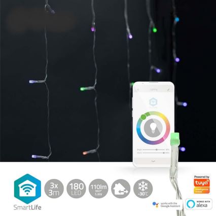 LED RGB karácsonyi fényfüggöny, 180 LED, 7 funkcióval, 6 m, IP65, Wi‑Fi, Tuya