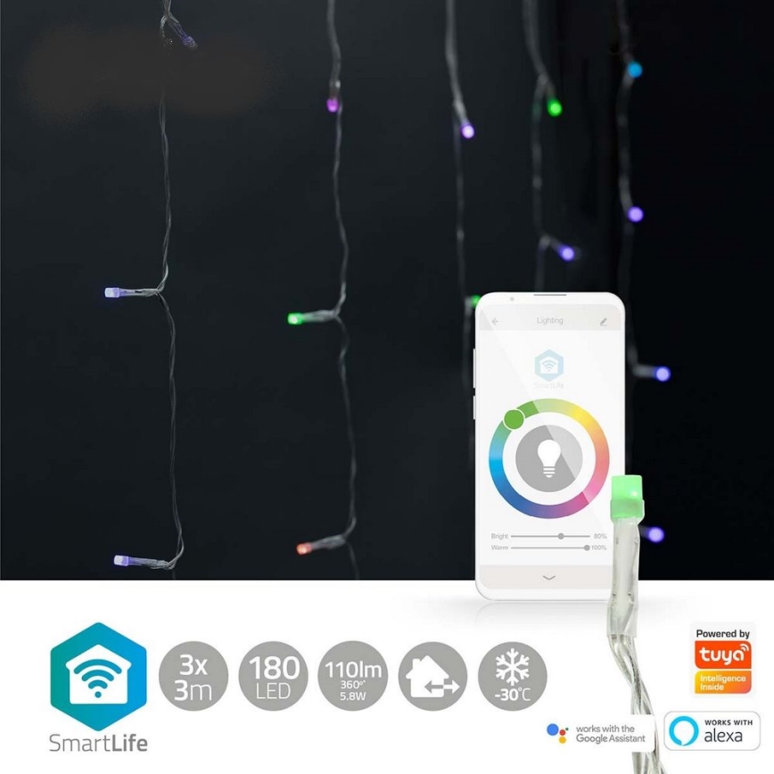 LED RGB karácsonyi fényfüggöny, 180 LED, 7 funkcióval, 6 m, IP65, Wi‑Fi, Tuya