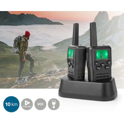 KÉSZLET 2x Újratölthető walkie-talkie LED lámpával 1300 mAh hatótávolság 10 km