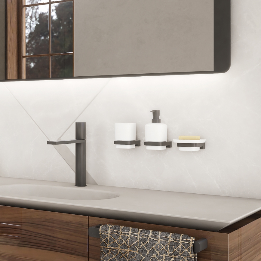 NIMCO MAC készlet-31K-T-90 - Falra szerelhető szappanadagoló, fogkefe állvány és fali kampó MAYA 320 mm fehér/matt fekete