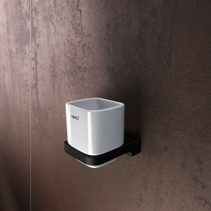 NIMCO MAC készlet-31K-T-90 - Falra szerelhető szappanadagoló, fogkefe állvány és fali kampó MAYA 320 mm fehér/matt fekete