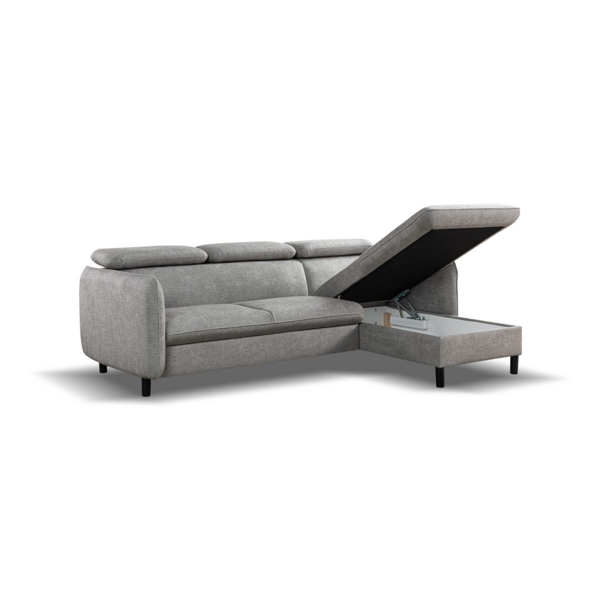 NISA kinyitható L-alakú sarokkanapé tárolóval, szürke, jobb oldali