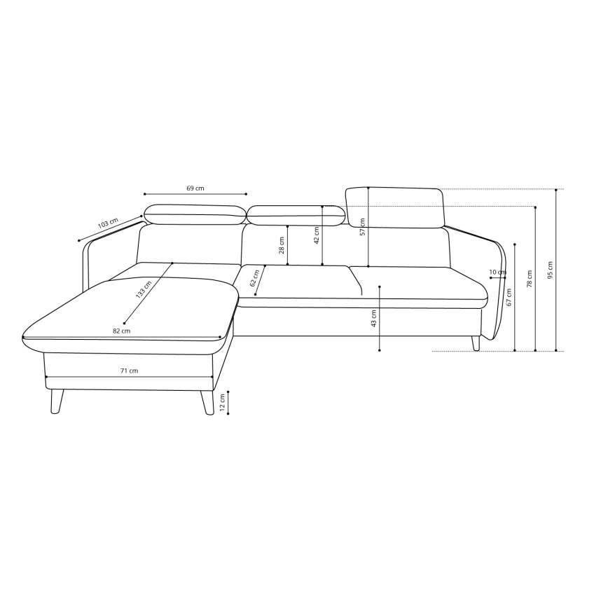 NISA kinyitható L-alakú sarokkanapé tárolóval, szürke, jobb oldali