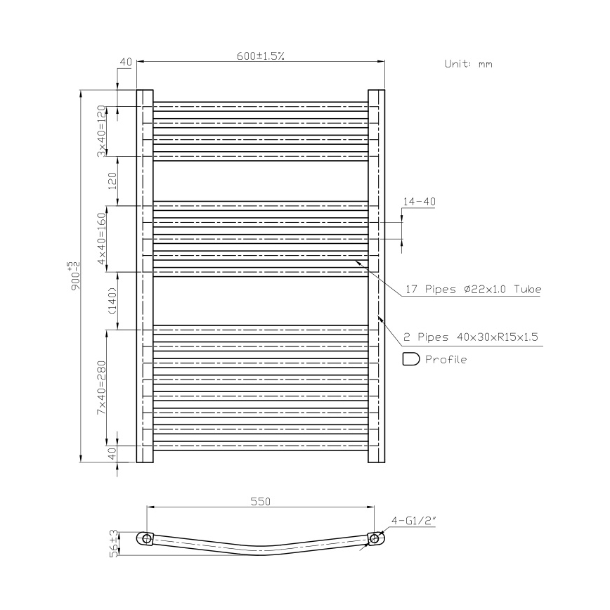 Novaservis - Fürdőszobai törölközőszárító radiátor 478W/230V 90x60 cm fehér, lekerekített