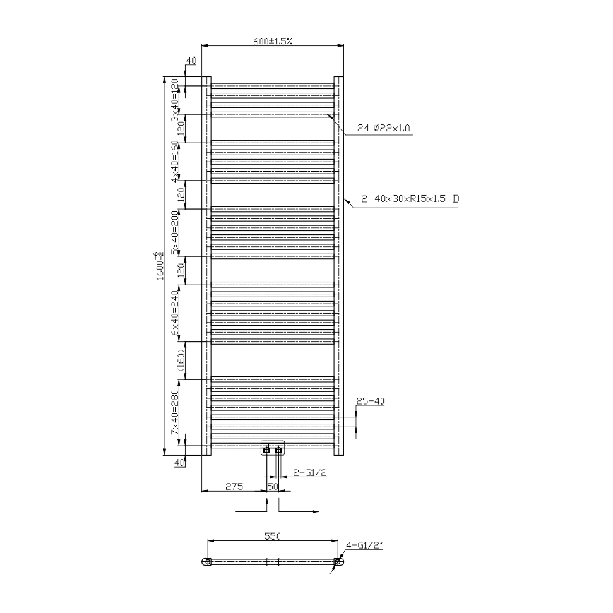 Novaservis - Fürdőszobai törölközőszárító radiátor 836W/230V 160x60 cm fekete egyenes