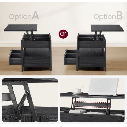 NYRO fekete, emelhető asztallappal rendelkező dohányzóasztal