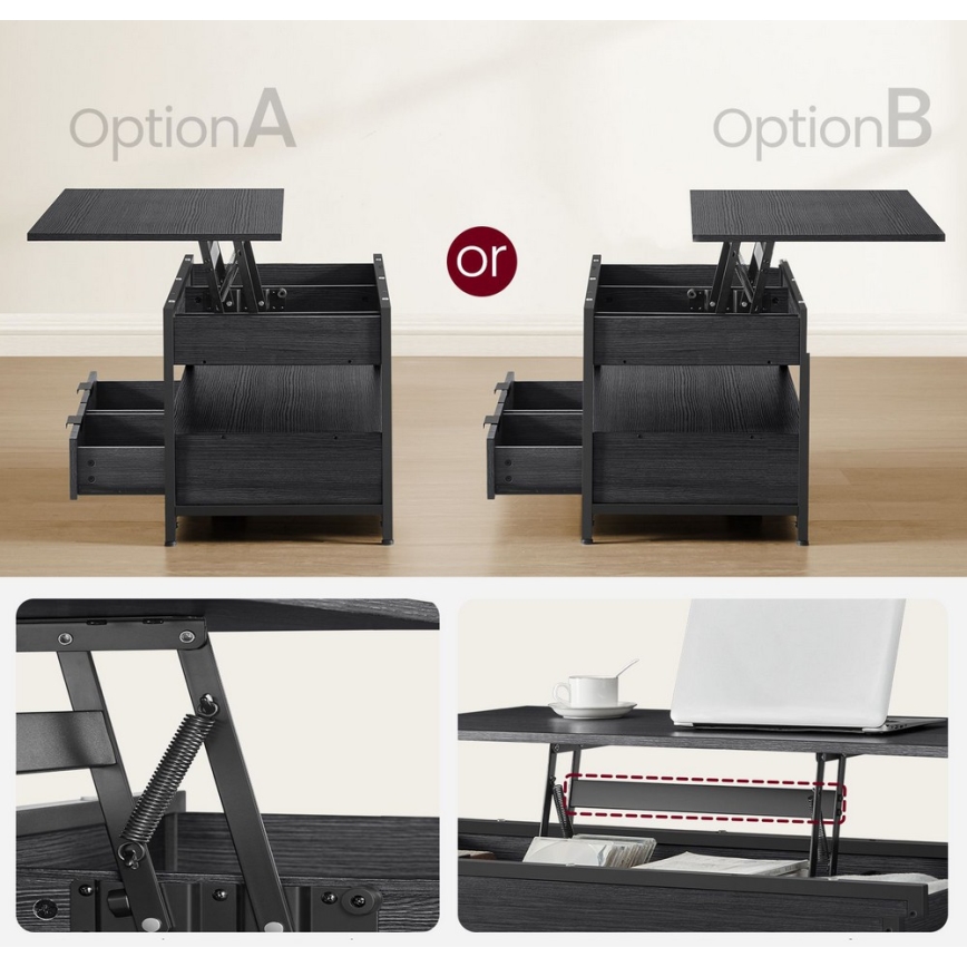 NYRO fekete, emelhető asztallappal rendelkező dohányzóasztal