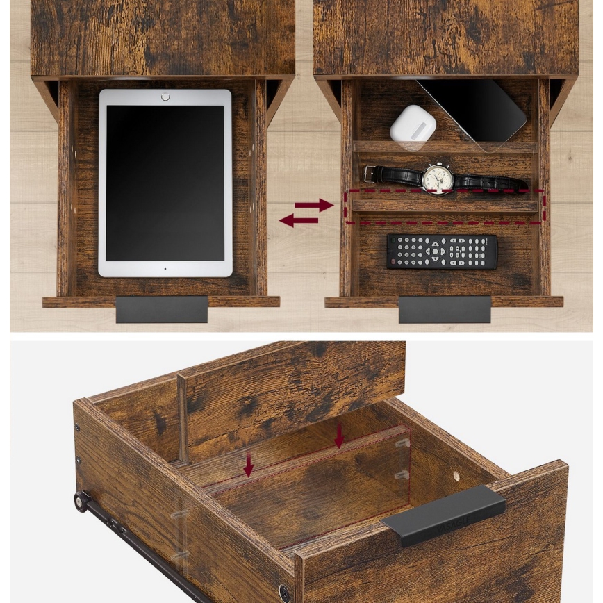 Oldalsó asztal beépített konnektorokkal és USB-portokkal ROD barna/fekete