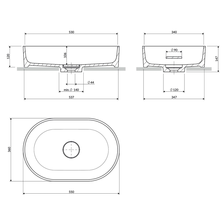 OMNIRES OVOUNAG - Mosdó a pult fölé OVO 55x36 cm dolomit/matt hamuszürke