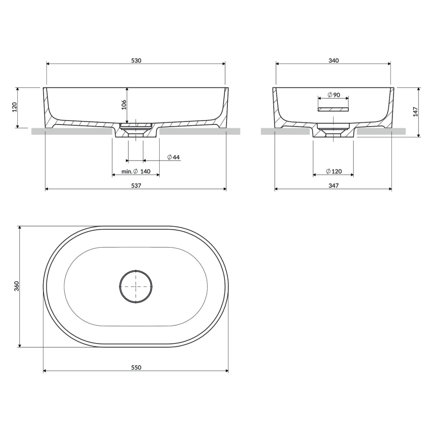 OMNIRES OVOUNBM - OVO 55x36 cm-es mosdó asztallapra, dolomit/matt fehér