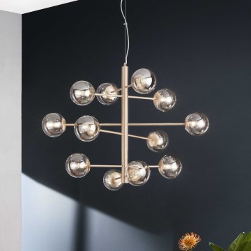 Ondaluce - Kábelcsillár ELISEO 12xE14/10W/230V átm. 97 cm arany/füstös bézs