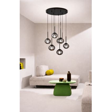 Ondaluce - Kábeles csillár JEWEL 8×E14/10W/230V, Ø 70 cm, fekete/füstös fekete