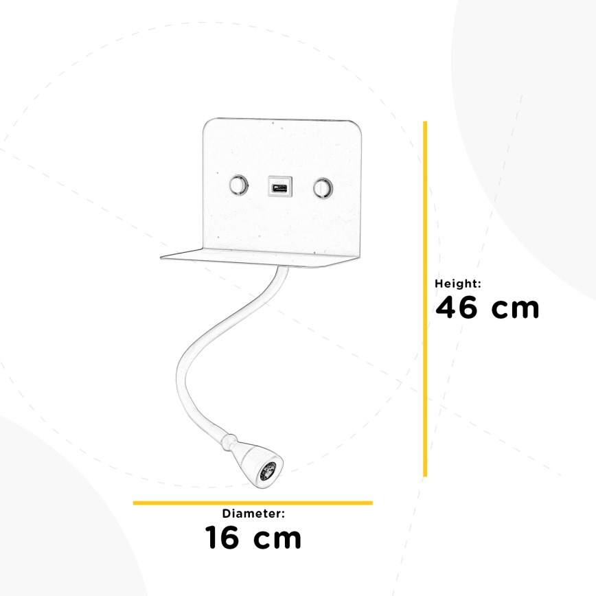 ONLI - LED Rugalmas kislámpa polccal és USB töltővel PLAK LED/1W/230V fehér