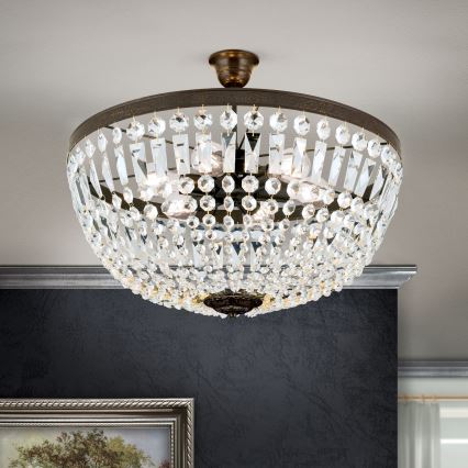 Kristály csillár rúdon ARILA 6xE27/60W/230V átm. 60 cm barna/patinás