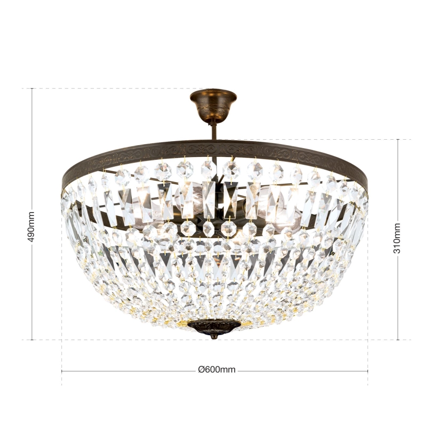 Kristály csillár rúdon ARILA 6xE27/60W/230V átm. 60 cm barna/patinás