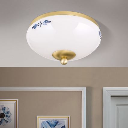 LANDHAUS mennyezeti lámpa, 1xE27/60W/230V, Ø 21 cm, sárgaréz/fehér/kék