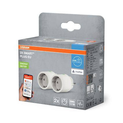 Osram - 2 db-os SMART+ MATTER SCHUKO okos konnektor 2300W/230V/10A Wi-Fi fehér