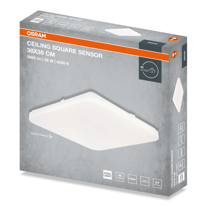 Osram - LED mennyezeti lámpa CEILING SQUARE, 36W/230V, 4000K, 38x38 cm, fehér, beépített alkonyatérzékelővel