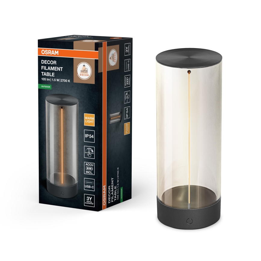 Osram - ENDURA STYLE dimmelhető, érintésvezérlésű kültéri asztali LED-lámpa, 1,5 W/5 V, 2500 mAh, USB, IP54, antracit