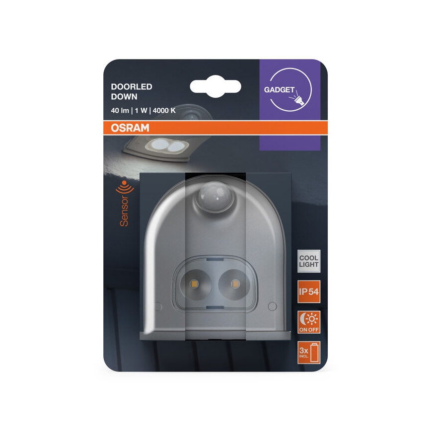 Osram - DOORLED kültéri LED fali lámpa érzékelővel LED/0,5W/3xAA IP54 ezüstszínű