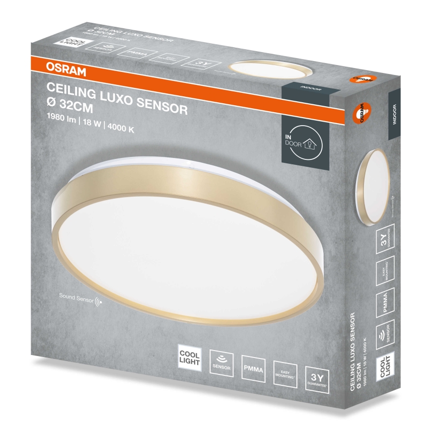 Osram - CEILING LUXO LED mennyezeti lámpa alkonyatérzékelővel, 18 W / 230 V, Ø 32 cm, arany