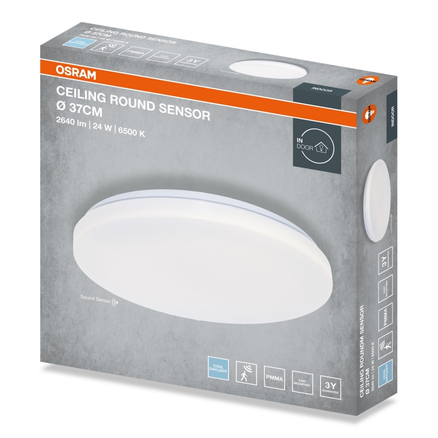 Osram – Fürdőszobai mennyezeti LED lámpatest alkonyat-érzékelővel, CEILING ROUND LED, 24 W, 230 V, 6500 K, Ø 37 cm, fehér