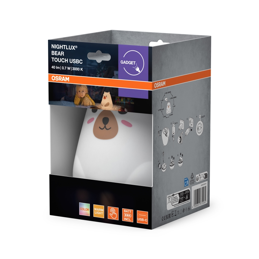 Osram - LED RGBW fényerőszabályozható gyermek érintős lámpa NIGHTLUX BEAR LED/0,7W/3,7V 1200 mAh fehér