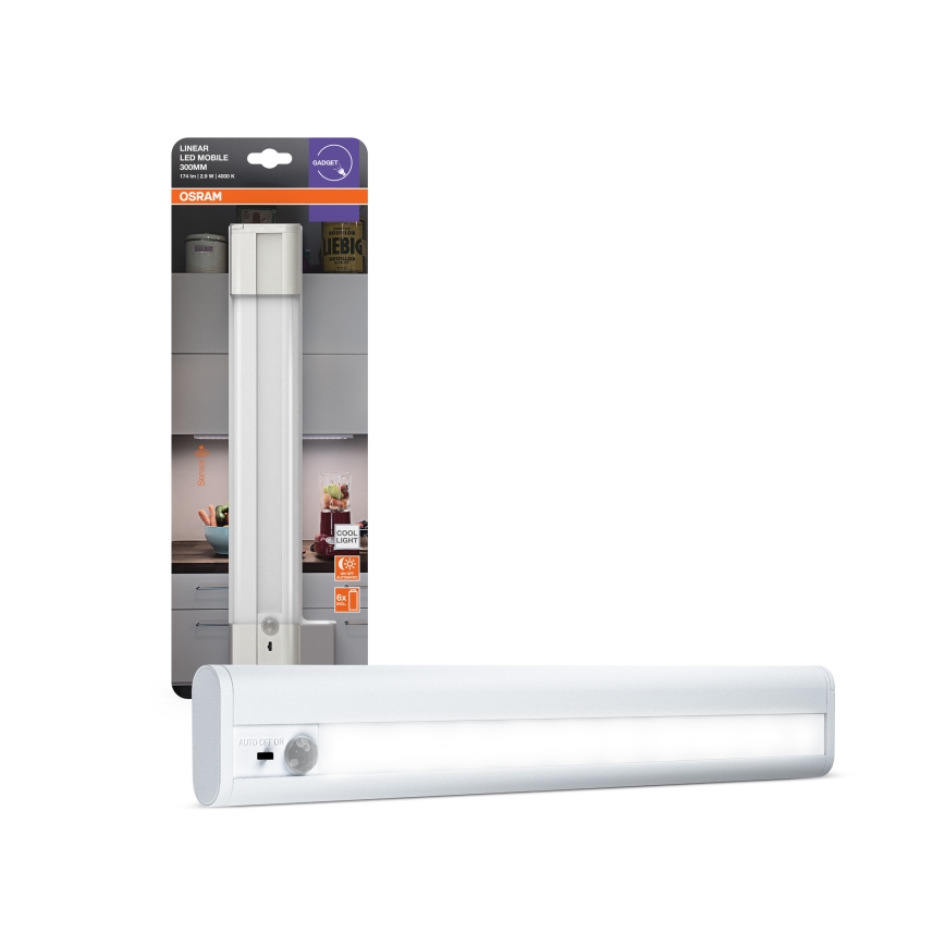 Osram - LED pult alá szerelhető lámpa mozgás- és alkonyérzékelővel LINEARLED LED/2,9W/9V 6xAA 4000K 31,4 cm fehér