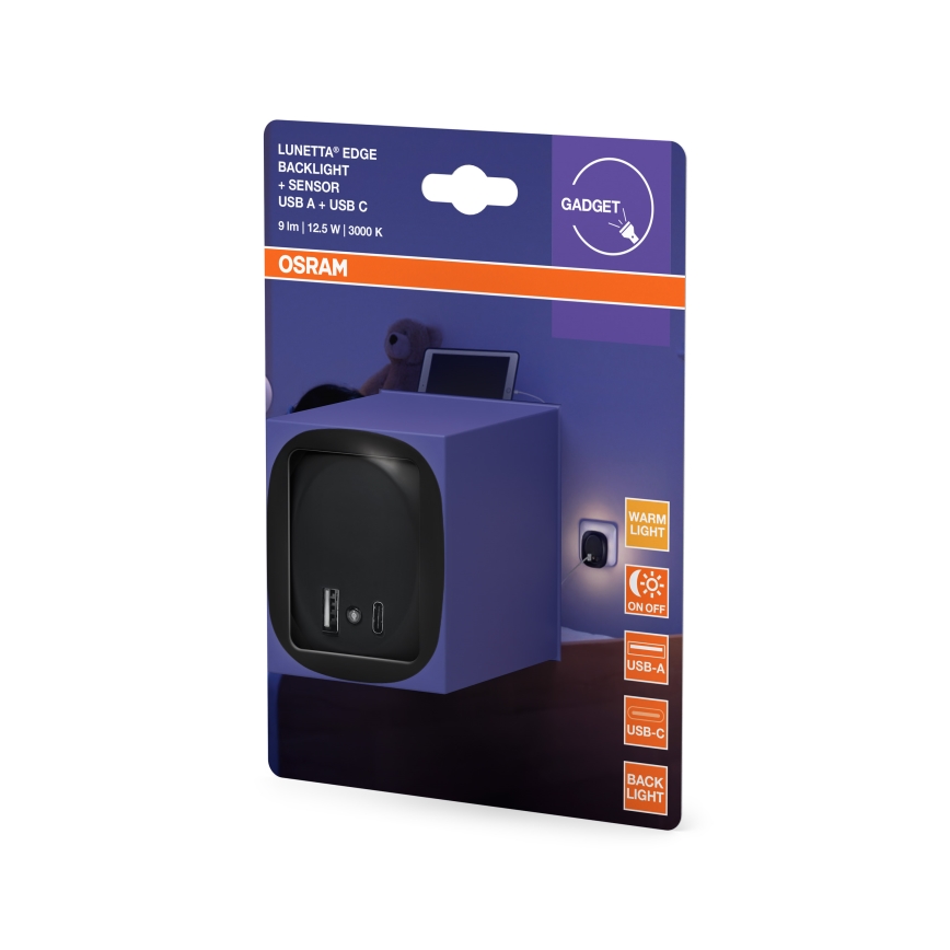 Osram - LUNETTA LED konnektoros éjszakai lámpa érzékelővel és USB-csatlakozóval, 12,5W/230V, fekete